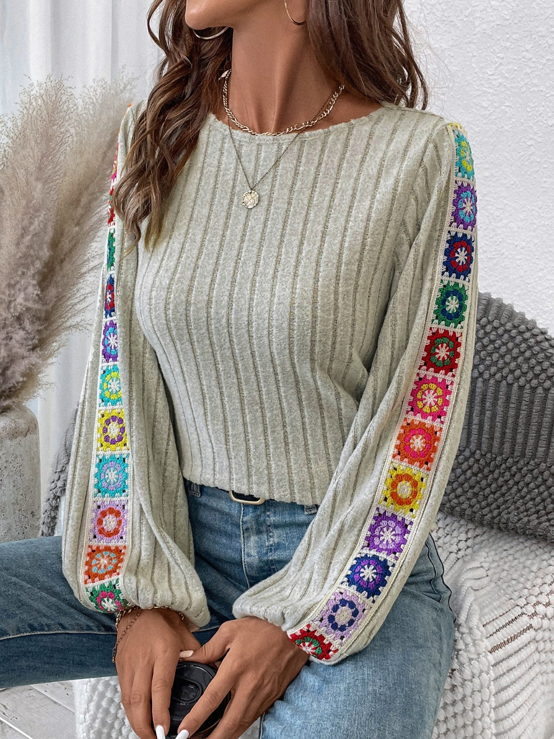 Embroidered Round Neck Long Bell Sleeve Top