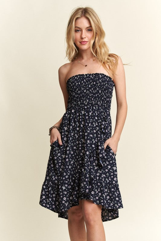 ADORA Smocked Floral Tube Dress with Pockets Trendsi