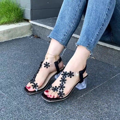 Flower Square Toe Block Heel Sandals Trendsi