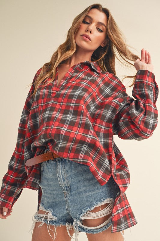 High-Low Red Plaid Polo Shirt Pullover Flannel