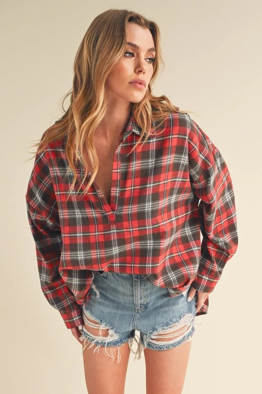 High-Low Red Plaid Polo Shirt Pullover Flannel