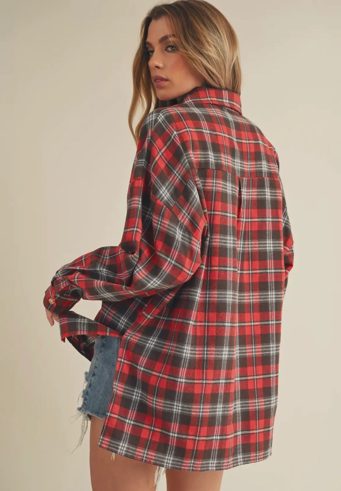 High-Low Red Plaid Polo Shirt Pullover Flannel