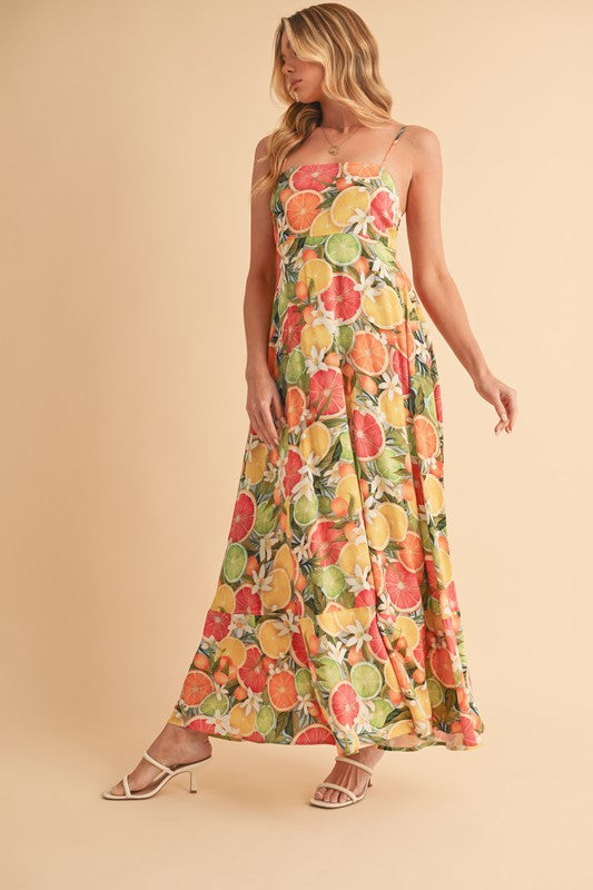Aemi + Co Citrus Fruit Print Square Neck Maxi Cami Dress