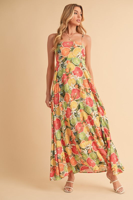Aemi + Co Citrus Fruit Print Square Neck Maxi Cami Dress