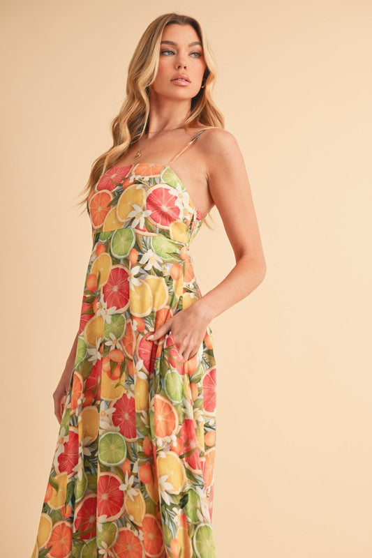 Aemi + Co Citrus Fruit Print Square Neck Maxi Cami Dress
