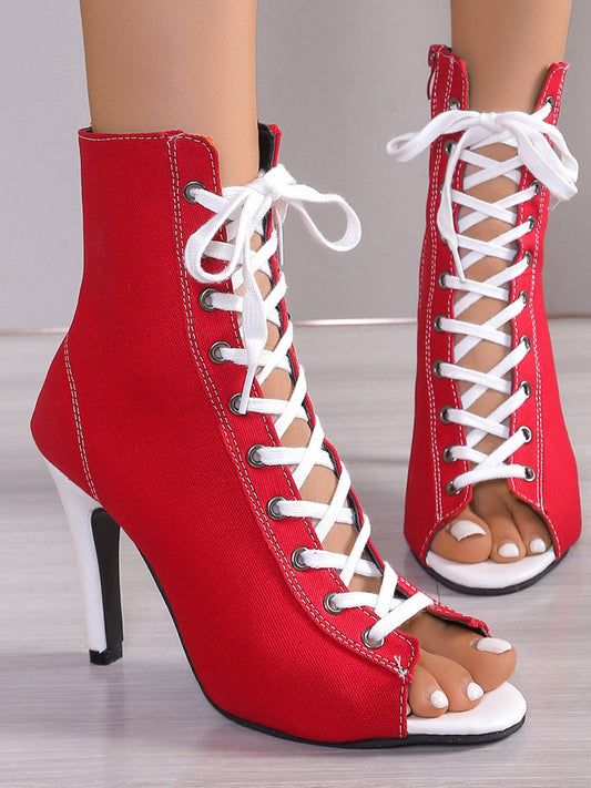 Canvas Lace-Up Peep Toe Stiletto Ankle Summer Boots Trendsi