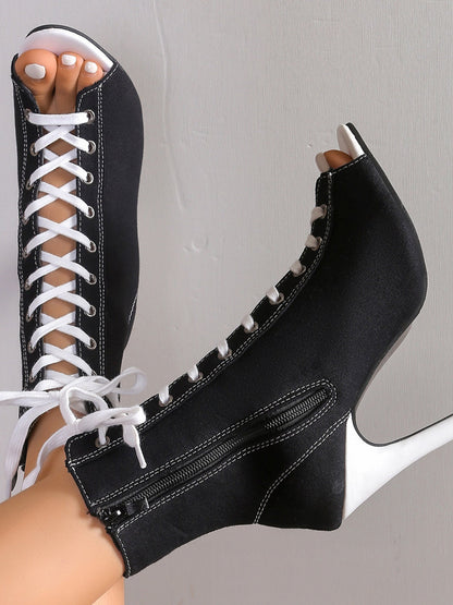 Canvas Lace-Up Peep Toe Stiletto Ankle Summer Boots Trendsi