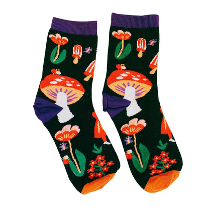Amanita Trippy Mushroom Black Cotton Crew Socks | Dark Botanical Aesthetic | Poisonous Mushroom  DAME BOHEME