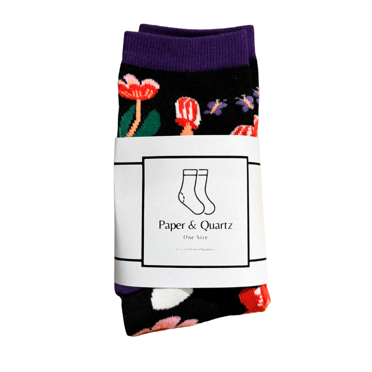 Amanita Trippy Mushroom Black Cotton Crew Socks  DAME BOHEME