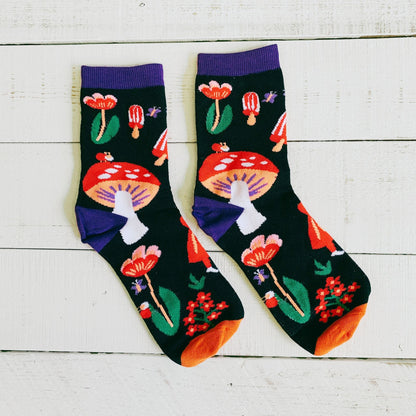 Amanita Trippy Mushroom Black Cotton Crew Socks  DAME BOHEME
