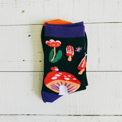 Amanita Trippy Mushroom Black Cotton Crew Socks  DAME BOHEME