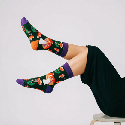 Amanita Trippy Mushroom Black Cotton Crew Socks  DAME BOHEME