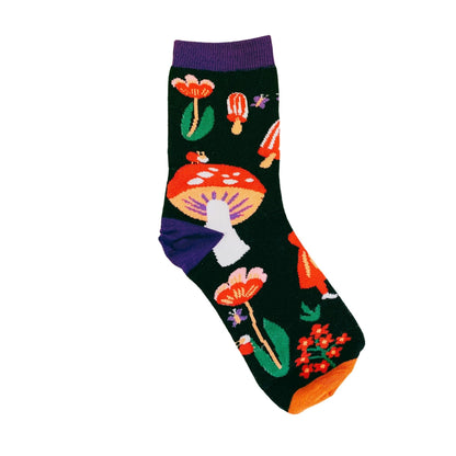 Amanita Trippy Mushroom Black Cotton Crew Socks | Dark Botanical Aesthetic | Poisonous Mushroom  DAME BOHEME