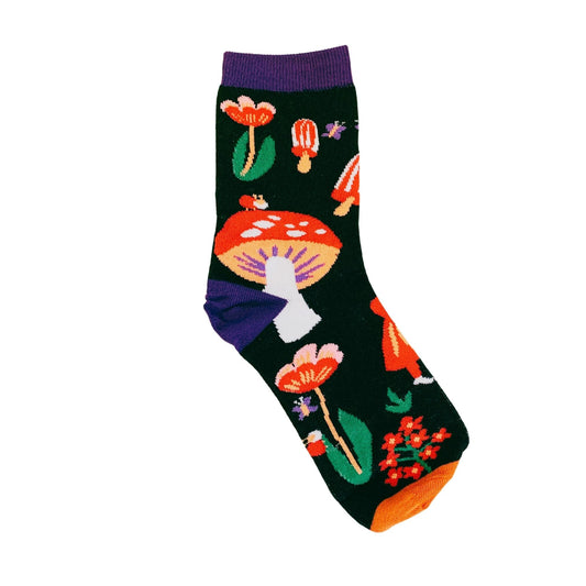 Amanita Trippy Mushroom Black Cotton Crew Socks | Dark Botanical Aesthetic | Poisonous Mushroom  DAME BOHEME