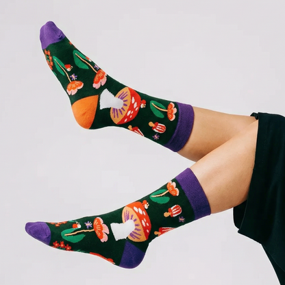 Amanita Trippy Mushroom Black Cotton Crew Socks  DAME BOHEME