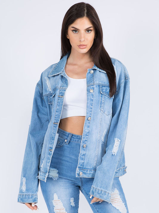 American Bazi Painted Back Distressed Denim Jacket Trendsi