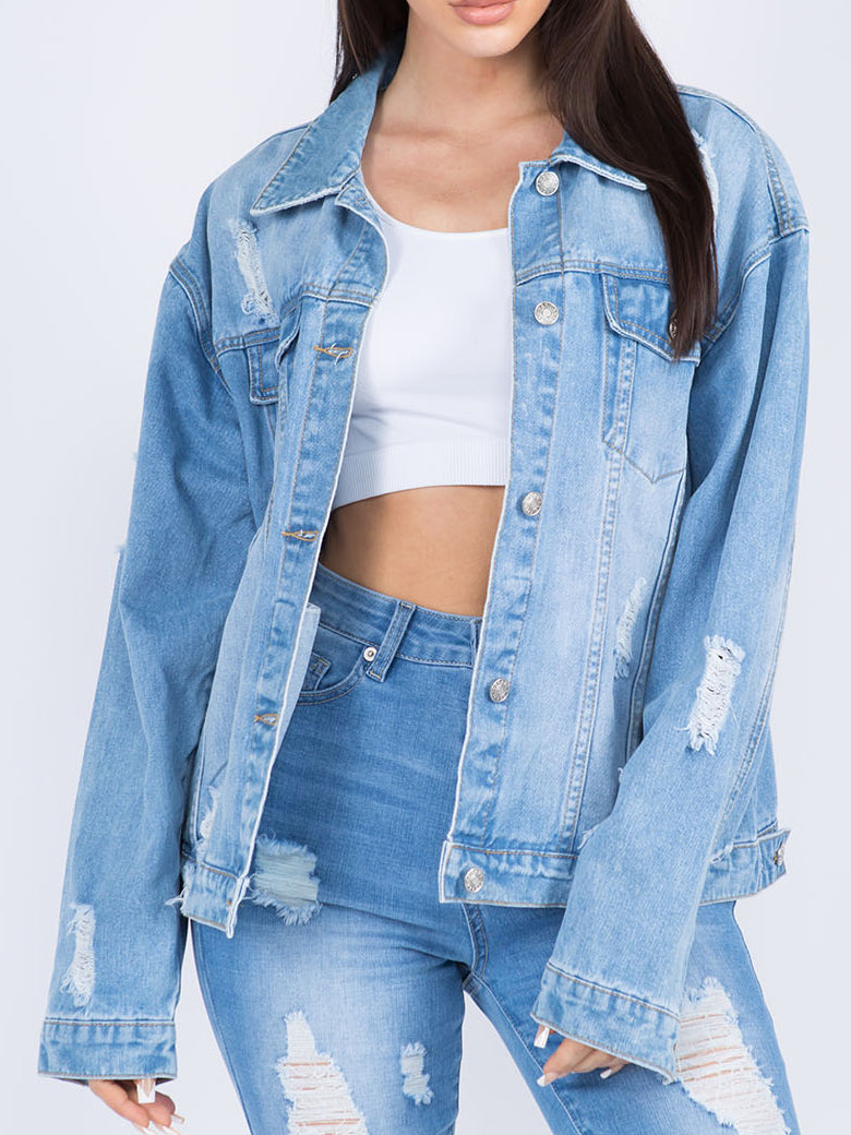 American Bazi Painted Back Distressed Denim Jacket Trendsi