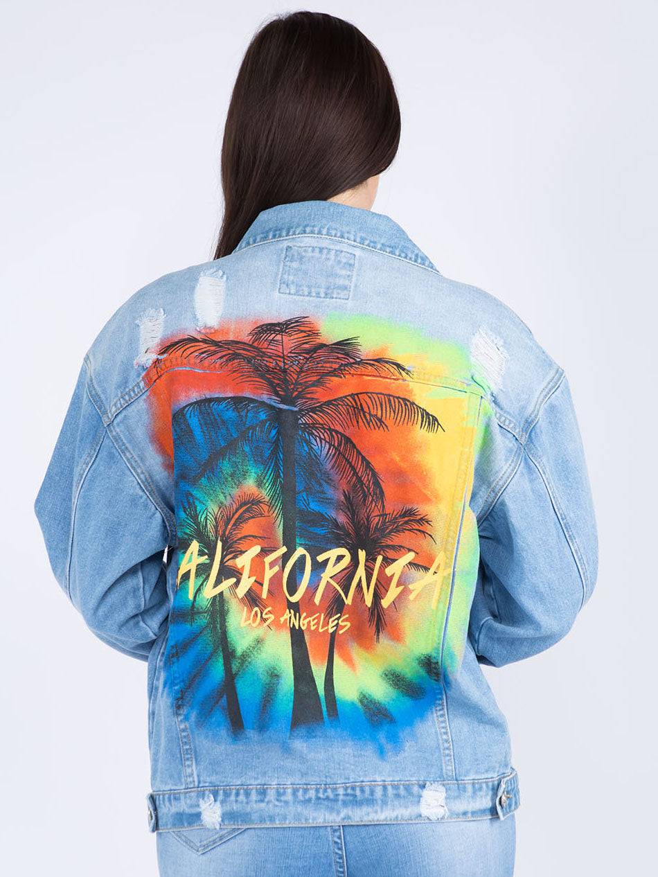 American Bazi Painted Back Distressed Denim Jacket Trendsi