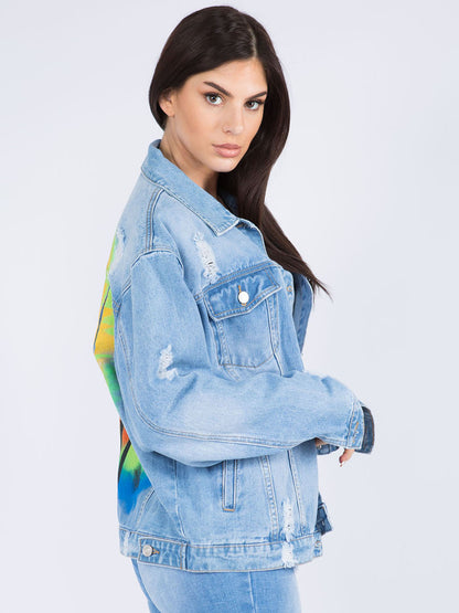 American Bazi Painted Back Distressed Denim Jacket Trendsi