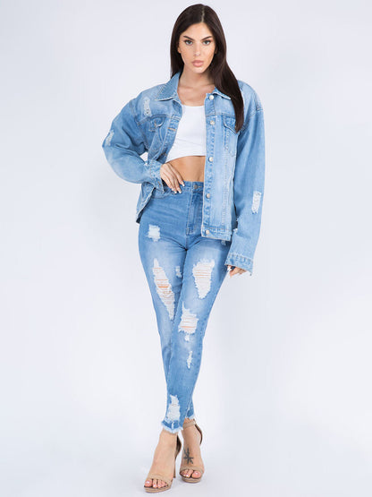 American Bazi Painted Back Distressed Denim Jacket Trendsi
