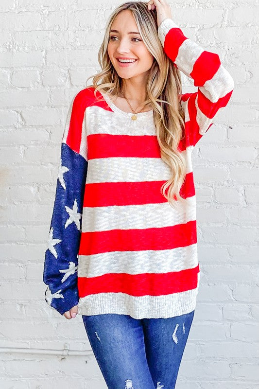 And The Why American Flag Long Sleeve Sweater Trendsi