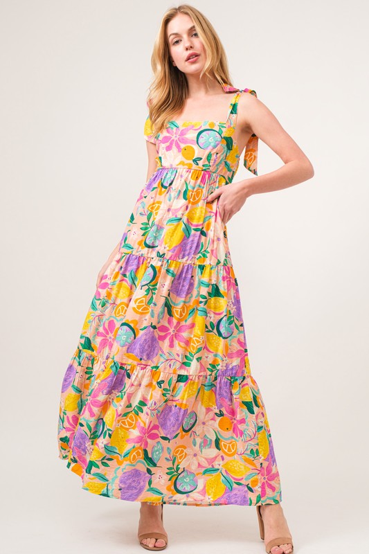 And The Why Shoulder Strap Tropical Fruit Maxi Dress