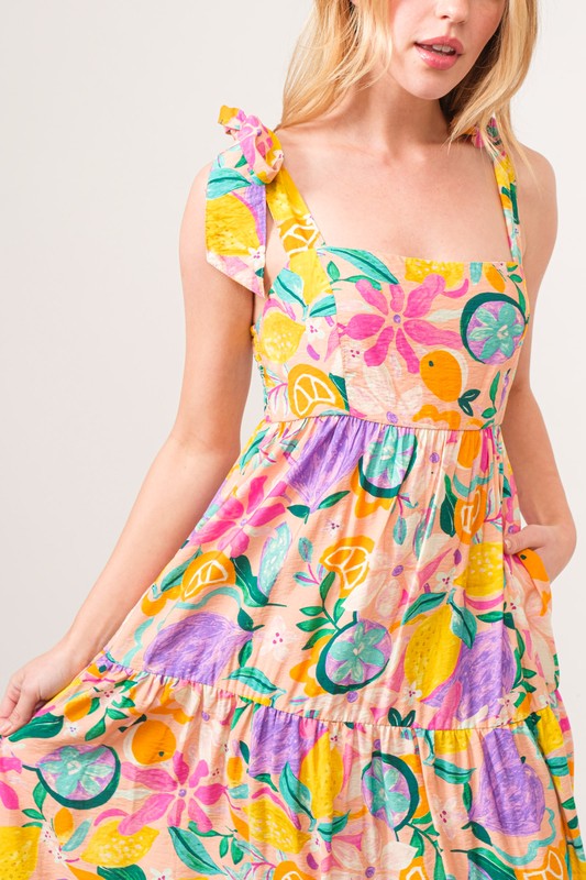 And The Why Shoulder Strap Tropical Fruit Maxi Dress