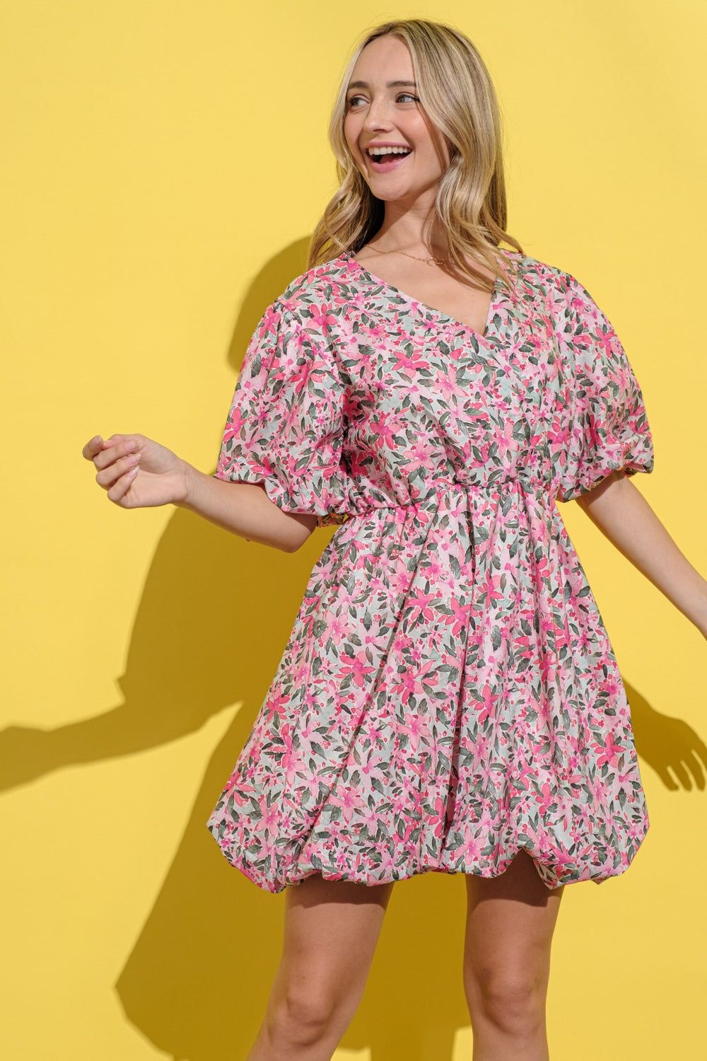 And The Why Floral Surplice Balloon Mini Dress Trendsi