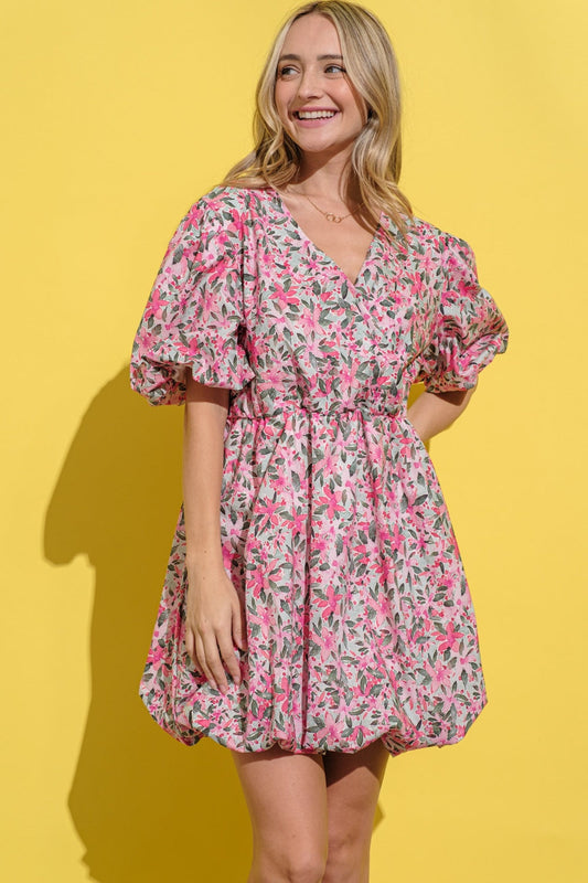 And The Why Floral Surplice Balloon Mini Dress Trendsi