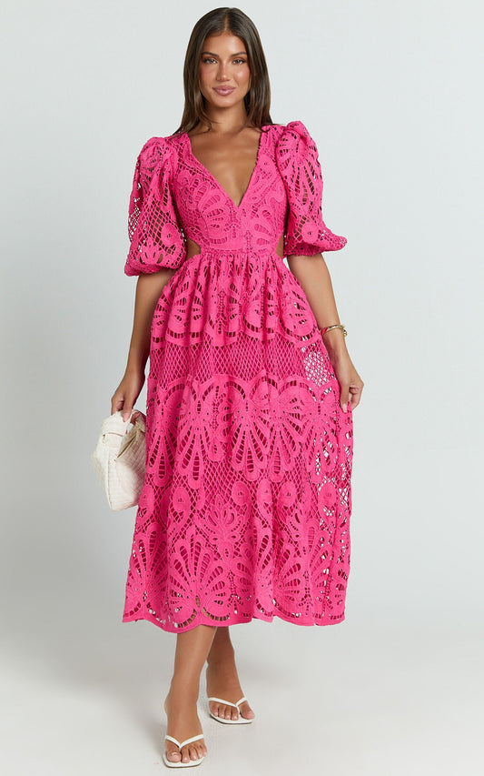 Cutout Back Lace Crochet V-Neck Dress Trendsi