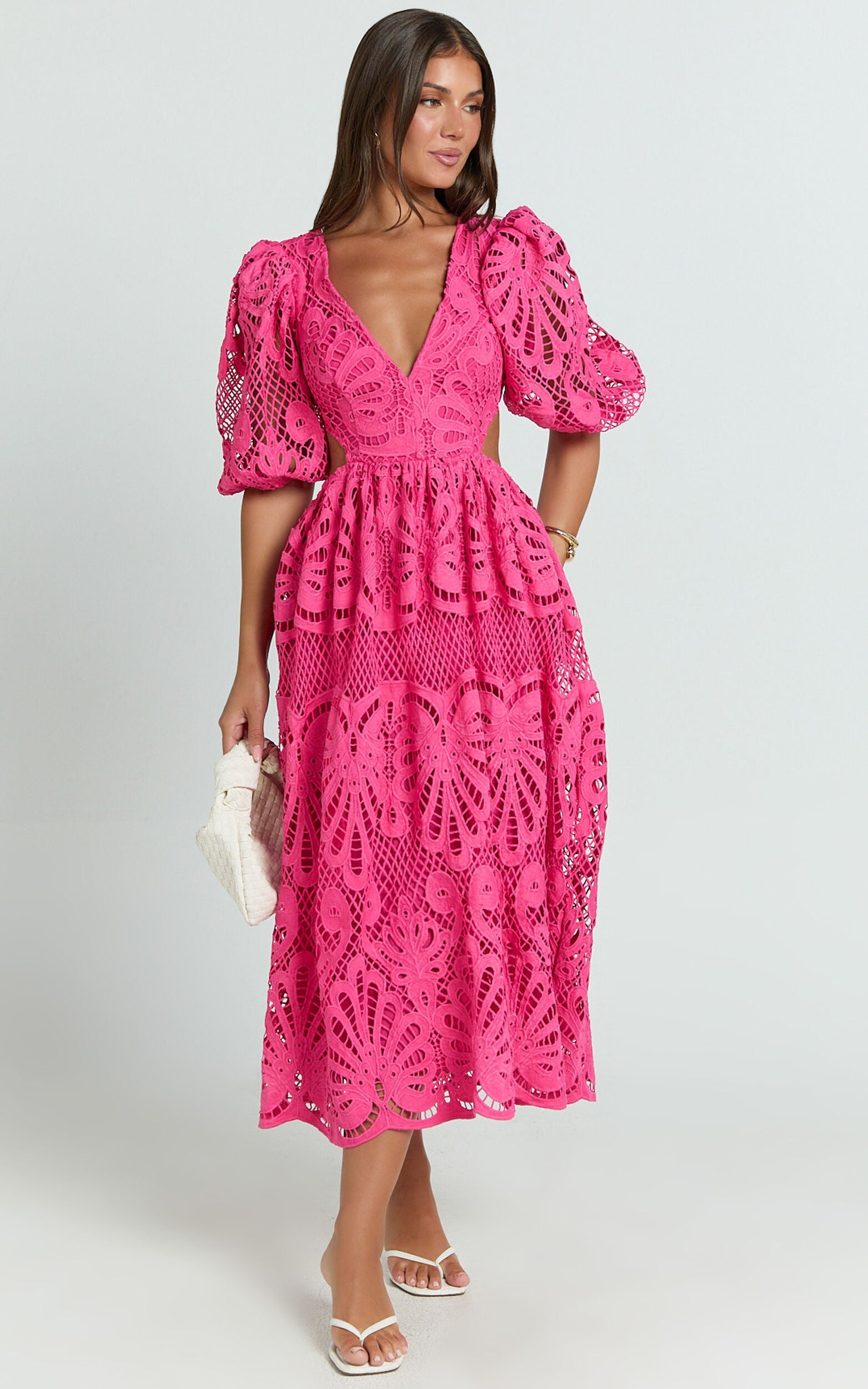 Cutout Back Lace Crochet V-Neck Dress Trendsi