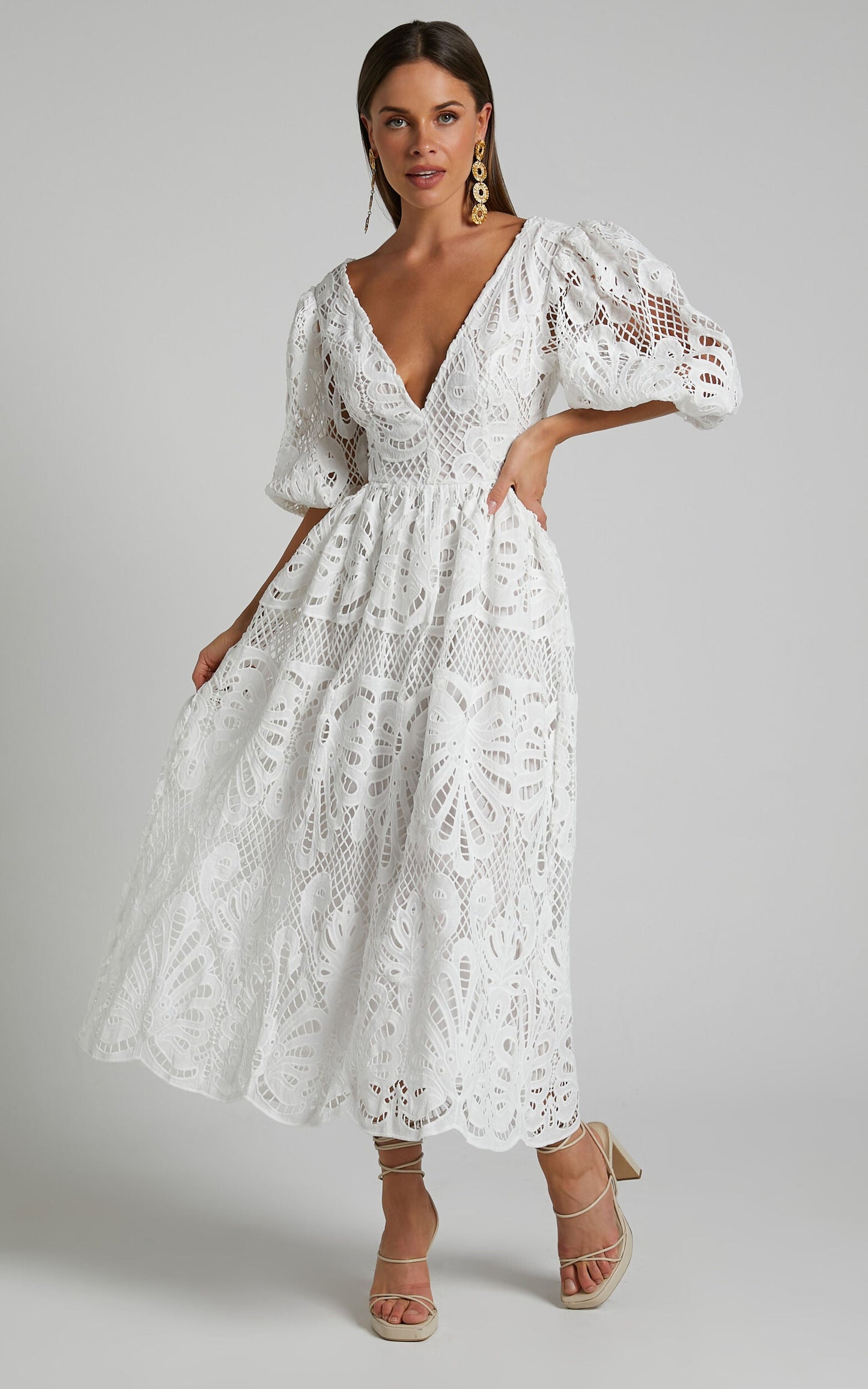 Cutout Back Lace Crochet V-Neck Dress Trendsi