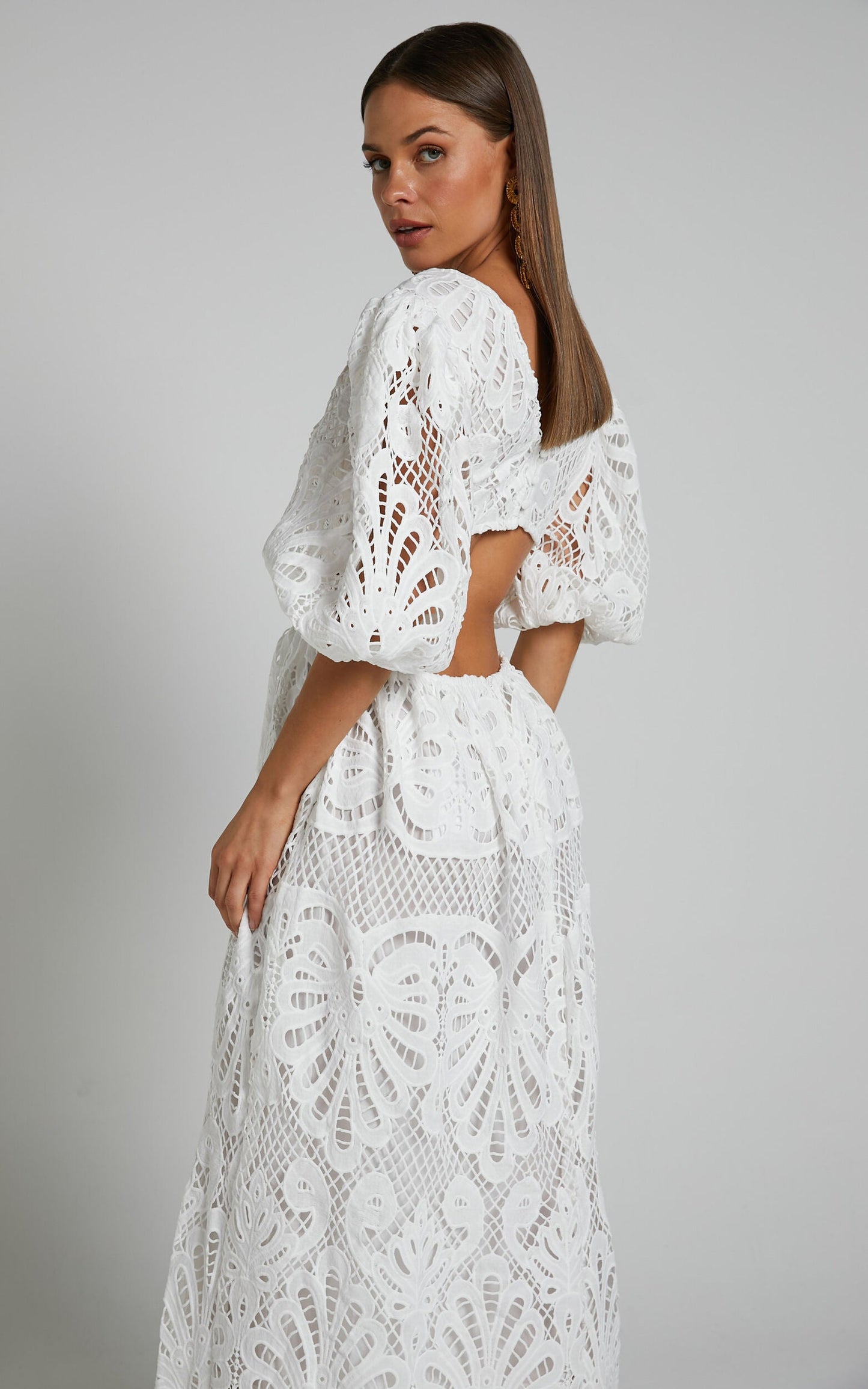 Cutout Back Lace Crochet V-Neck Dress Trendsi
