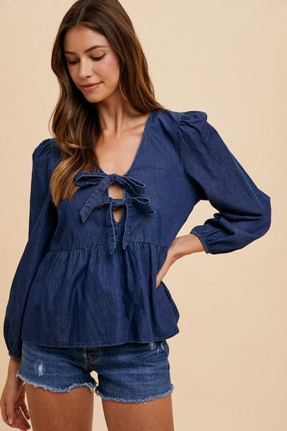 Annie Wear Tie Front Peplum Long Sleeve Denim Top Trendsi