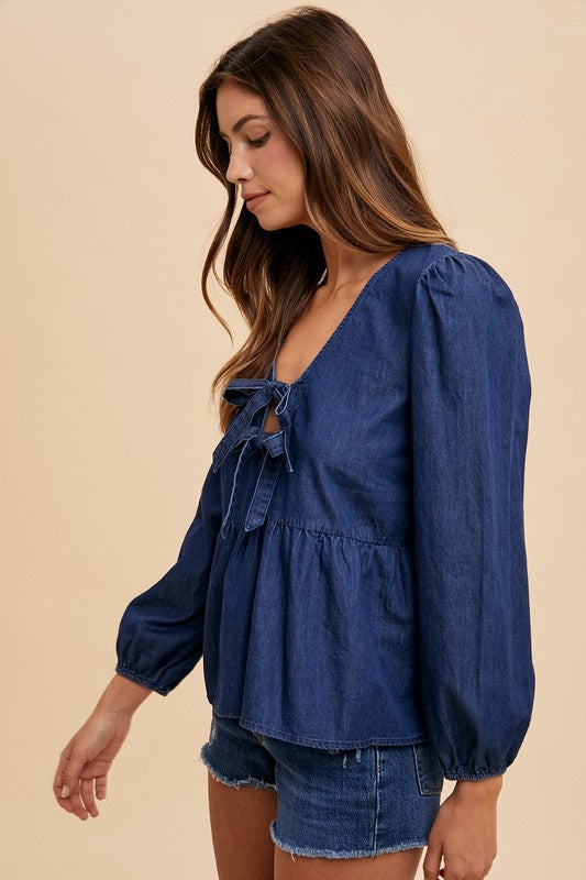 Annie Wear Tie Front Peplum Long Sleeve Denim Top Trendsi