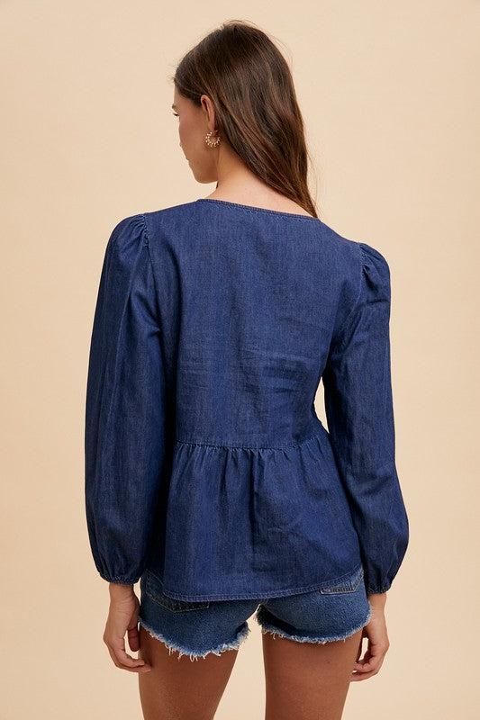 Annie Wear Tie Front Peplum Long Sleeve Denim Top Trendsi