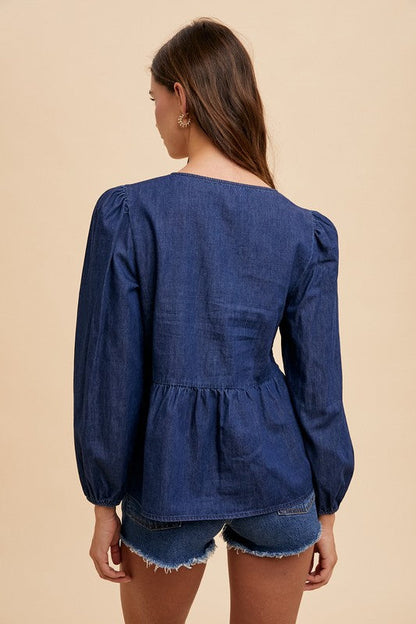 Annie Wear Tie Front Peplum Long Sleeve Denim Top Trendsi