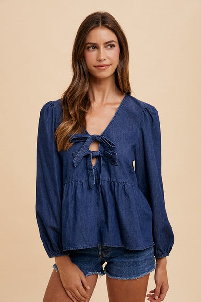 Annie Wear Tie Front Peplum Long Sleeve Denim Top Trendsi