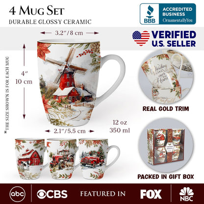 Fancy Farmhouse Holiday Set of 4 Ceramic Mugs  DAME BOHEME
