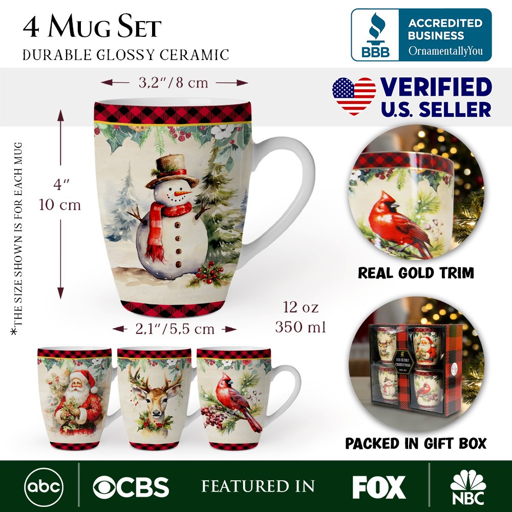 Festive Country Plaid Set of 4 Ceramic Mugs with Real Gold Trim, Christmas Kitchen Coffee Cup Gift with Santa, Cardinal, Deer, and Snowman  DAME BOHEME