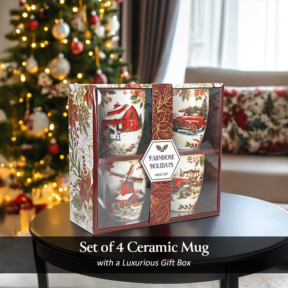 Fancy Farmhouse Holiday Set of 4 Ceramic Mugs  DAME BOHEME