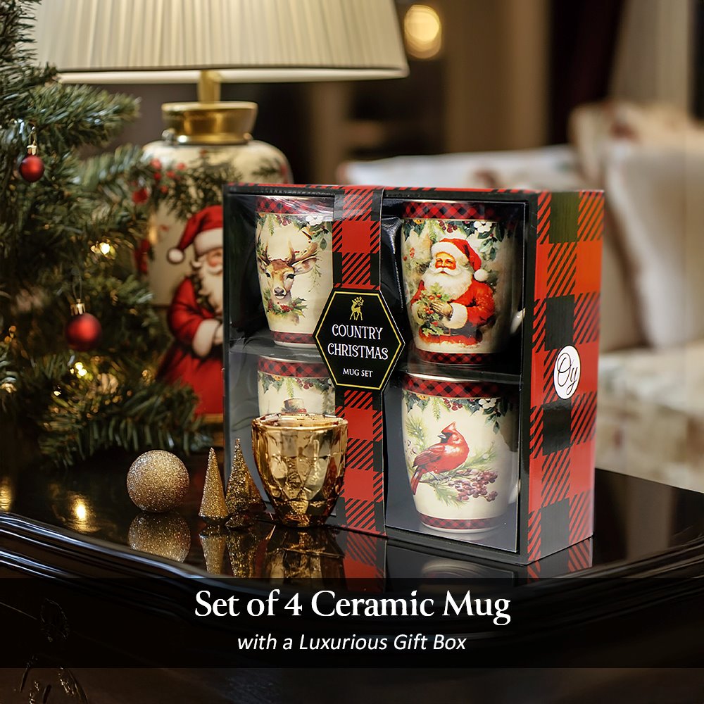 Festive Country Plaid Set of 4 Ceramic Mugs with Real Gold Trim, Christmas Kitchen Coffee Cup Gift with Santa, Cardinal, Deer, and Snowman  DAME BOHEME