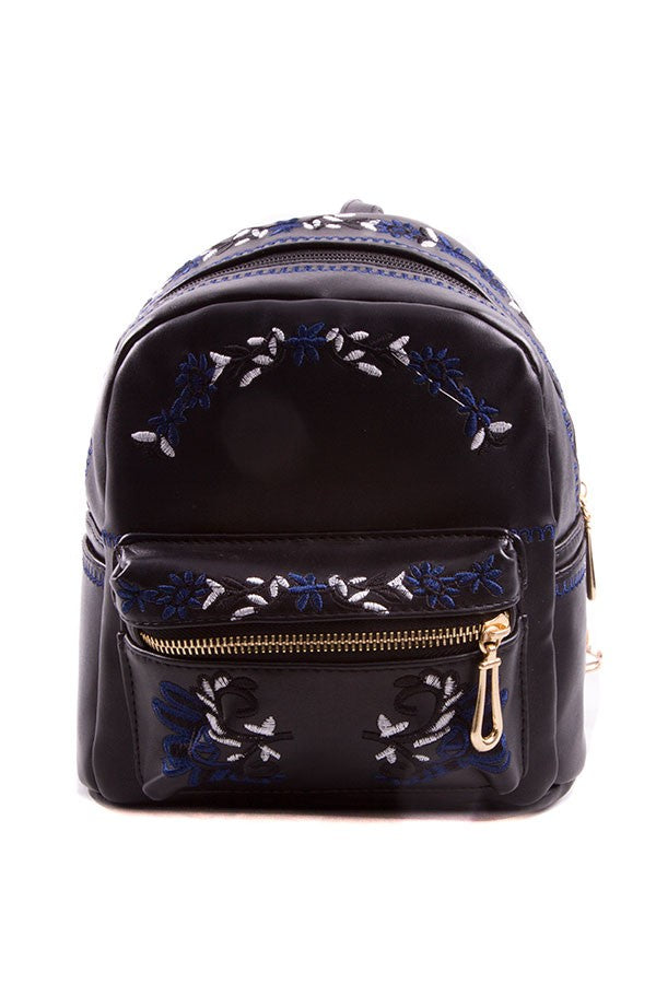 Faux Leather Floral Embroidered Zip Backpack Bella Chic