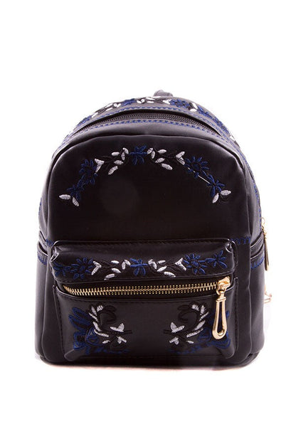 Faux Leather Floral Embroidered Zip Backpack Bella Chic