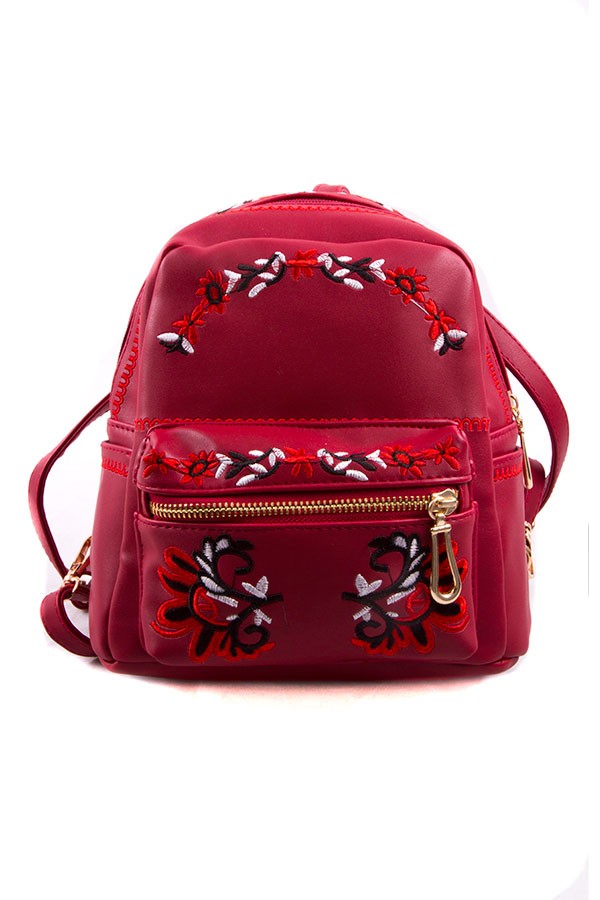 Faux Leather Floral Embroidered Zip Backpack Bella Chic