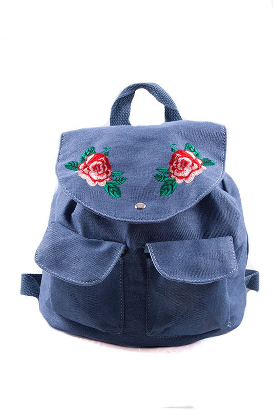 Floral Embroidered String Tie Denim Backpack Bella Chic