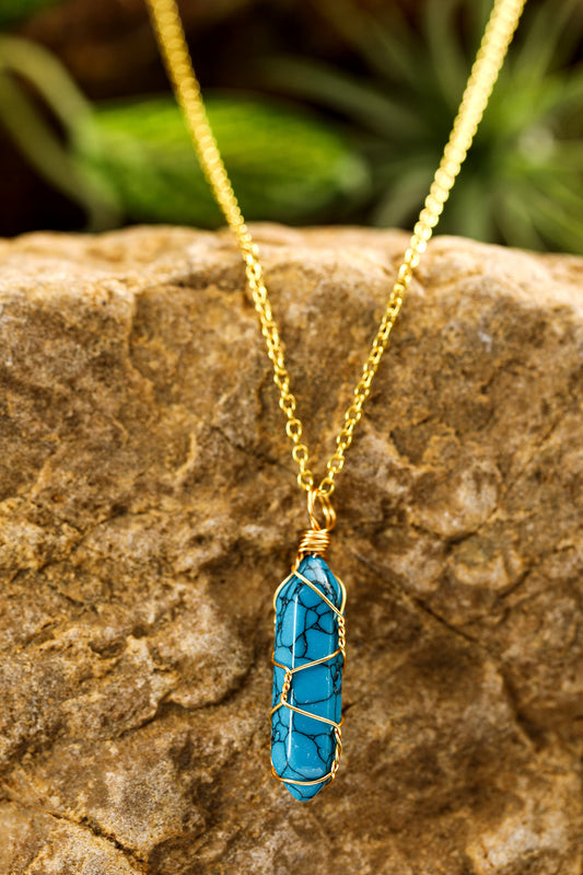 Blue Gold Wire Wrapped Turquoise Pendant Necklace  DAME BOHEME
