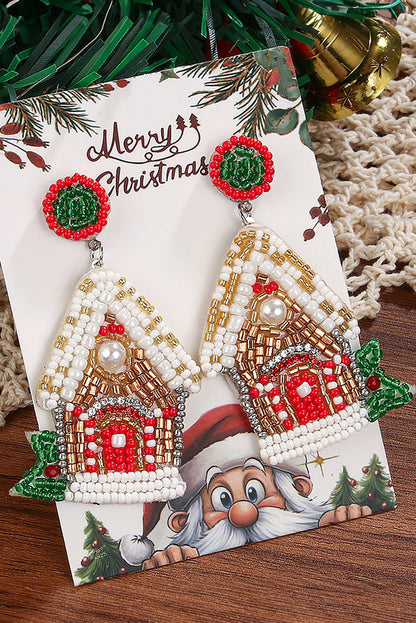 White Christmas Style House Beaded Stud Dangle Earrings  DAME BOHEME