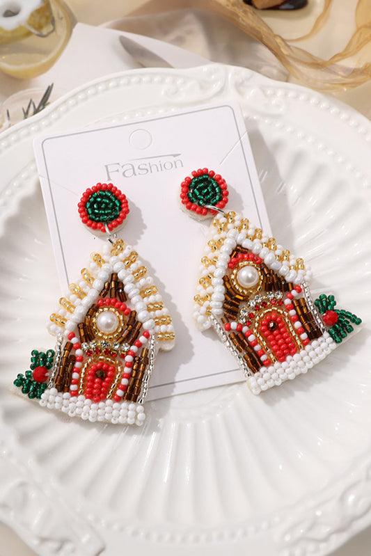 White Christmas Style House Beaded Stud Dangle Earrings  DAME BOHEME