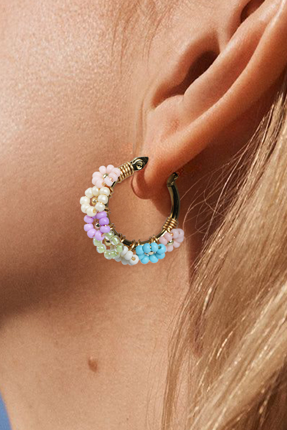 Gold Beaded Flower Hoop Earrings  DAME BOHEME